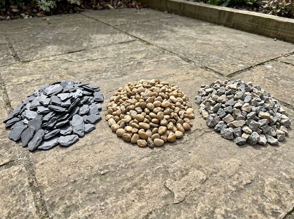 Side-by-side comparison of slate chips, gravel, and crushed stone samples on a patio surface