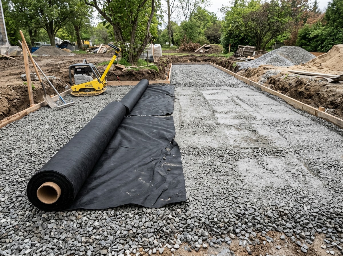 Crushed stone base layer and landscape fabric being installed before slate chips are spread