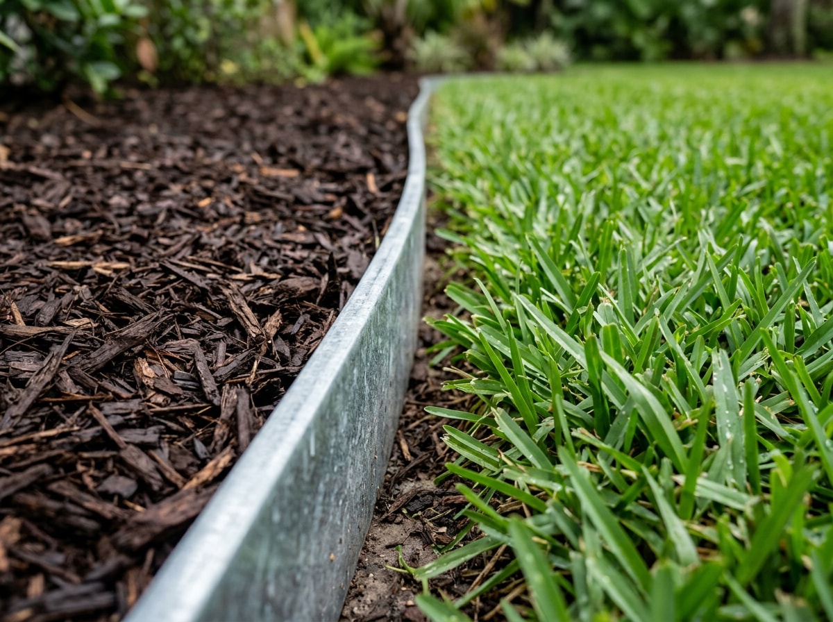 Galvanized steel edging separating a mulch bed from a St. Augustine lawn in a Bryan, TX front yard
