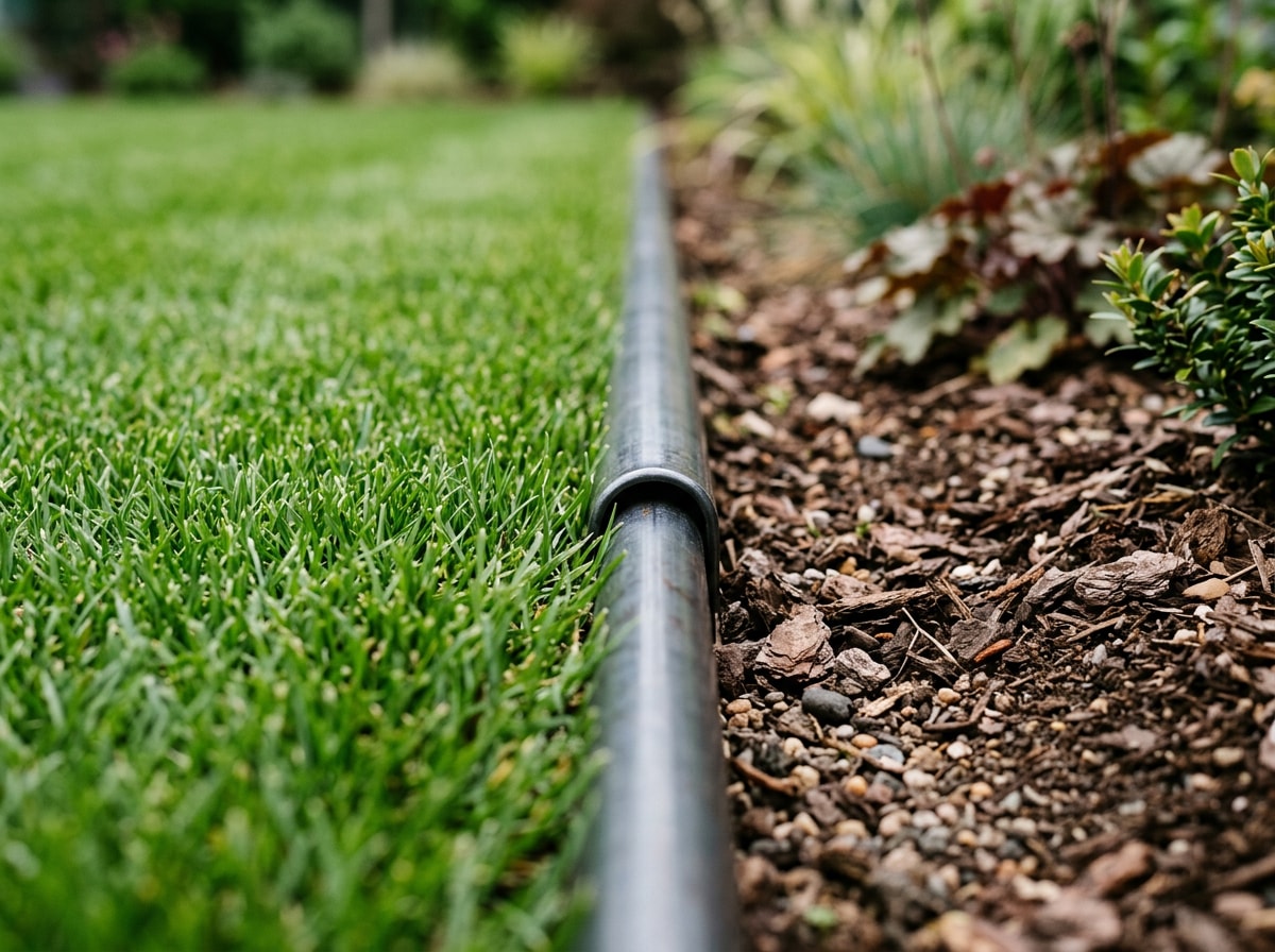 Close-up of a rolled-top steel edge installed flush with the lawn surface for a pet-safe finish