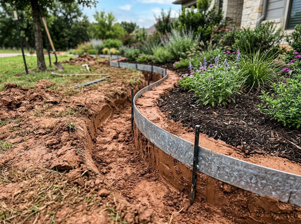 Landscaper trenching and setting galvanized steel edging along a curved garden bed
