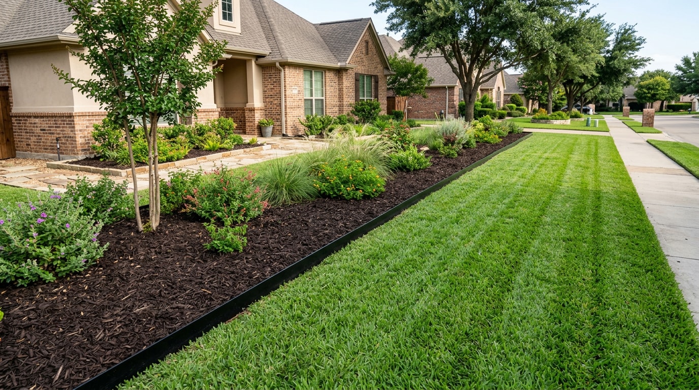 Steel landscape edging installed between a mulch bed and lawn in a Bryan, TX yard Steel landscape edging installed between a mulch bed and lawn in a Bryan, TX yard