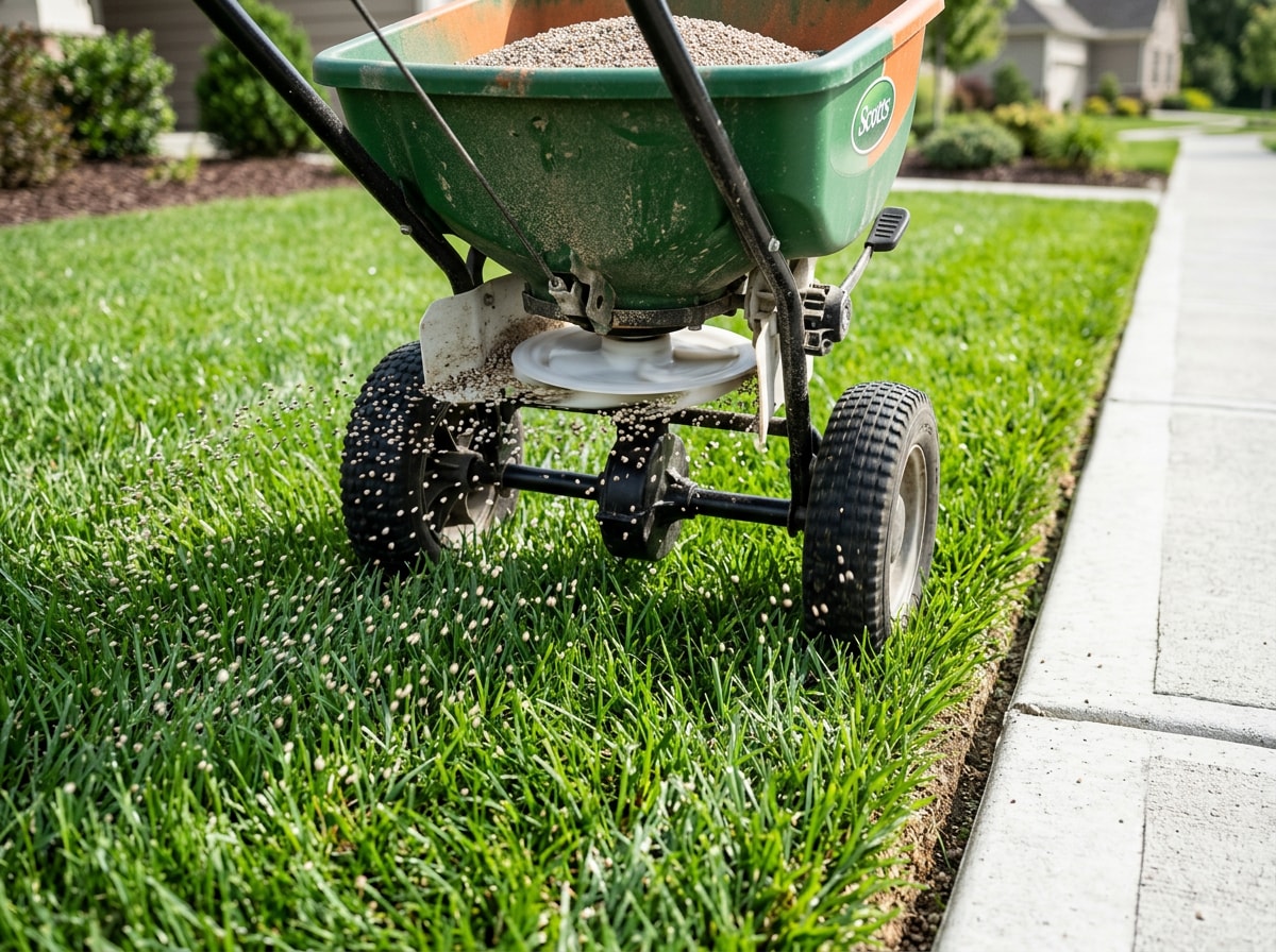 Lawn care technician applying fertilizer treatment to a College Station lawn