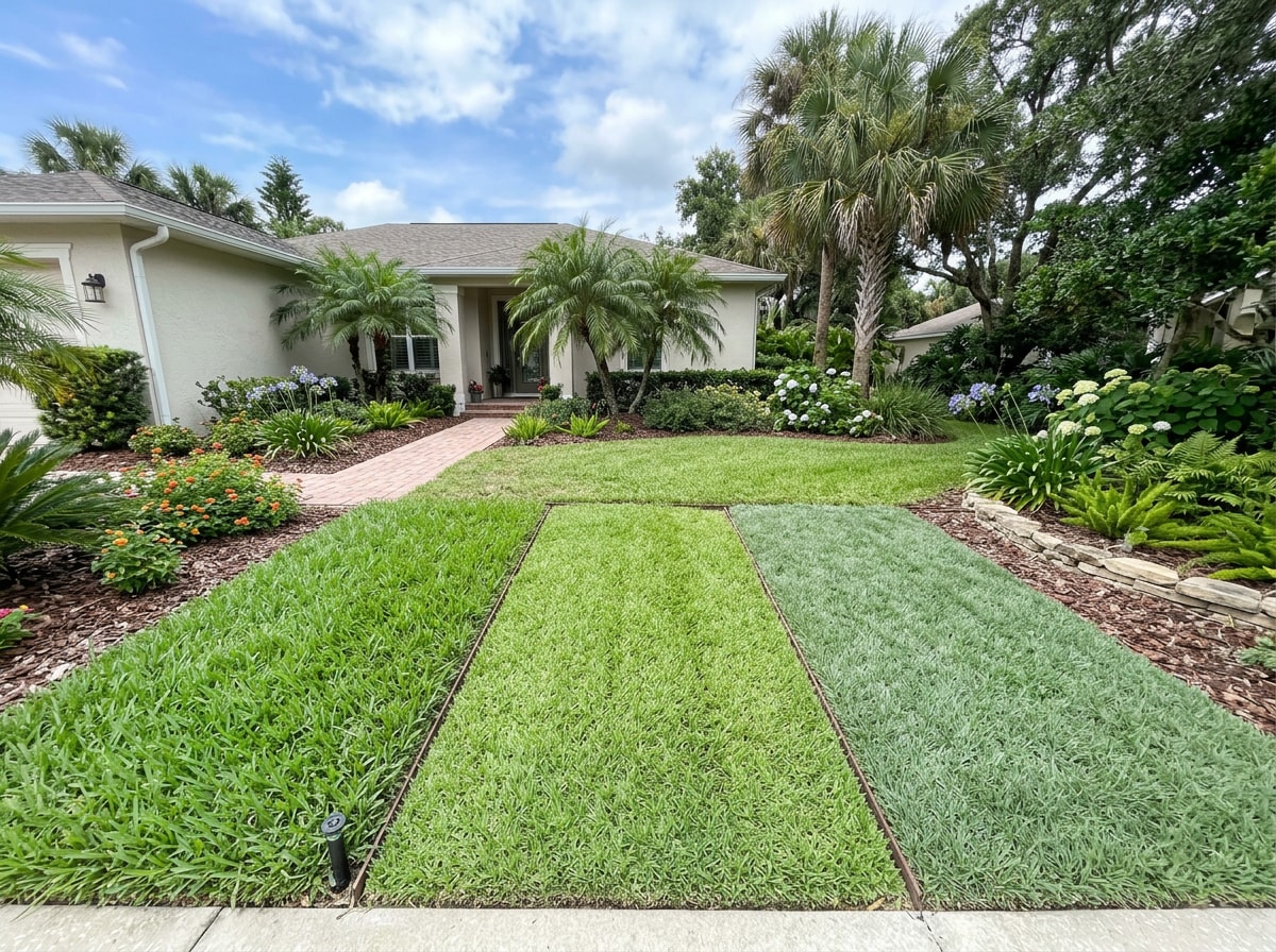 Side-by-side comparison of St. Augustine, Bermudagrass, and Zoysia lawns in College Station