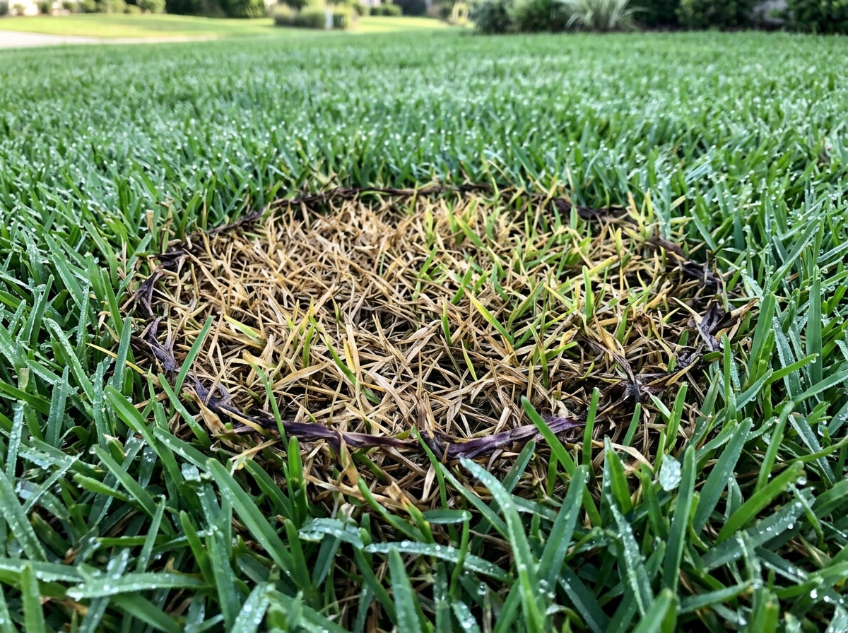 Brown patch fungal damage pattern visible on a St. Augustine lawn