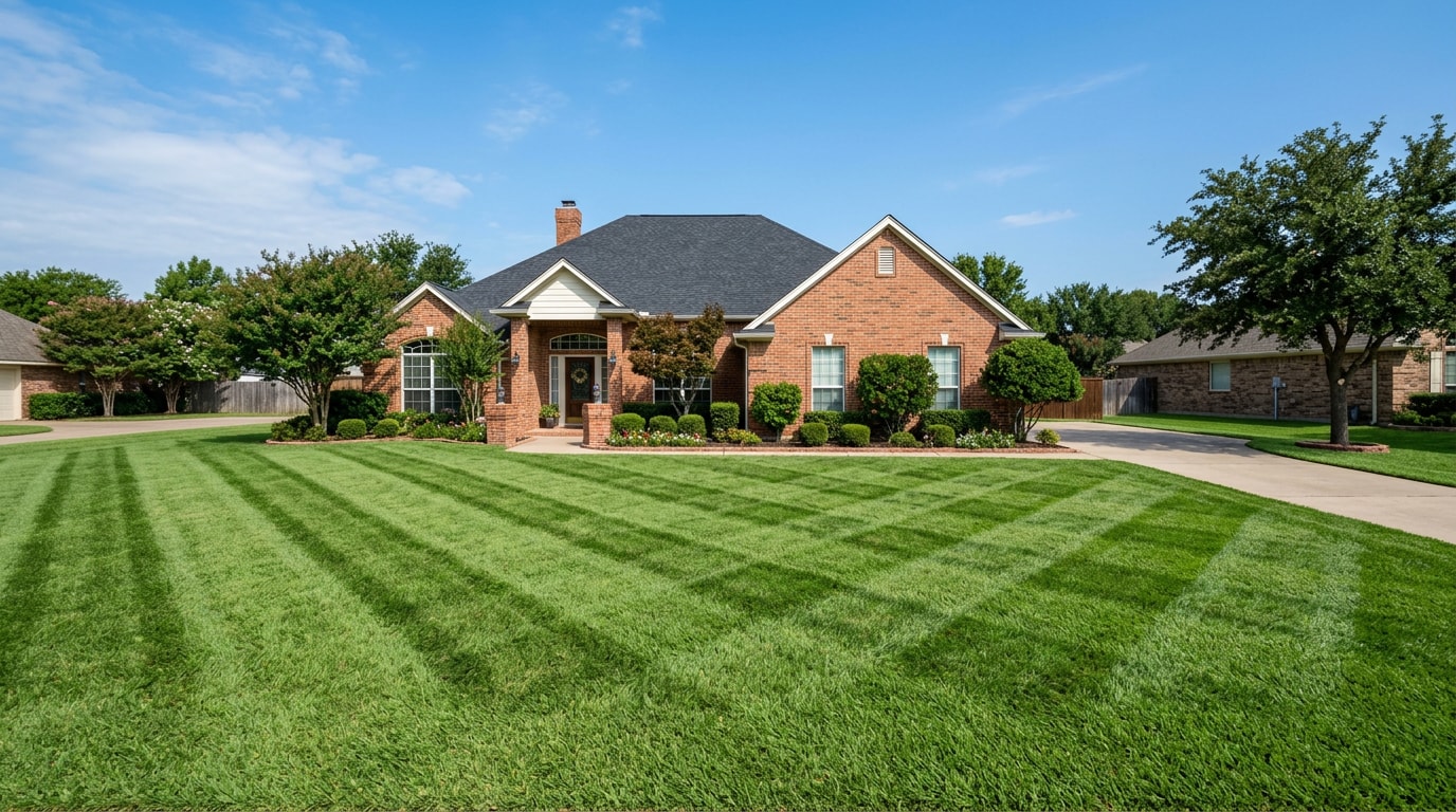 Freshly mowed and striped lawn in College Station, TX