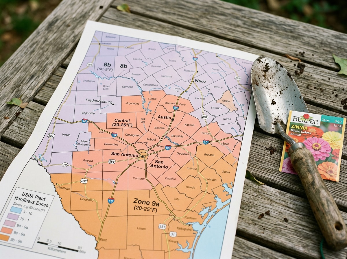 USDA zone 9a map section showing Wixon Valley, TX plant hardiness classification