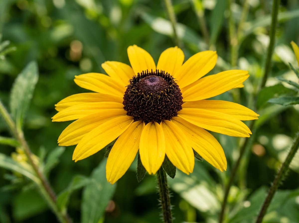 Close-up of a blooming Black-Eyed Susan wildflower, a drought-tolerant native Texas pollinator plant