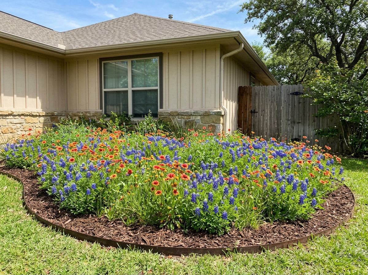Established wildflower patch with Bluebonnets and Firewheel blooming in a small Texas residential yard