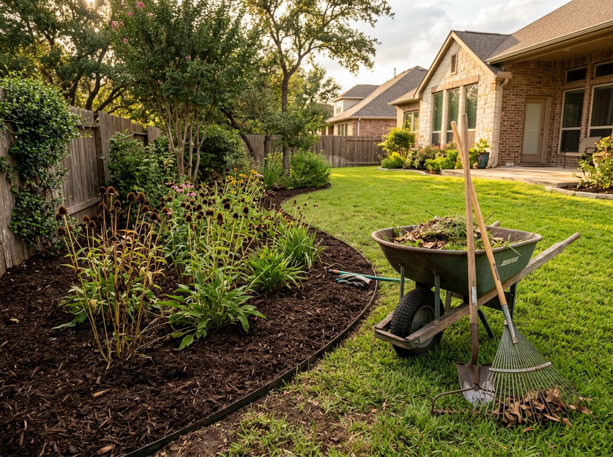 Landscape maintenance crew performing seasonal cleanup on a mulched wildflower bed in Wixon Valley, TX