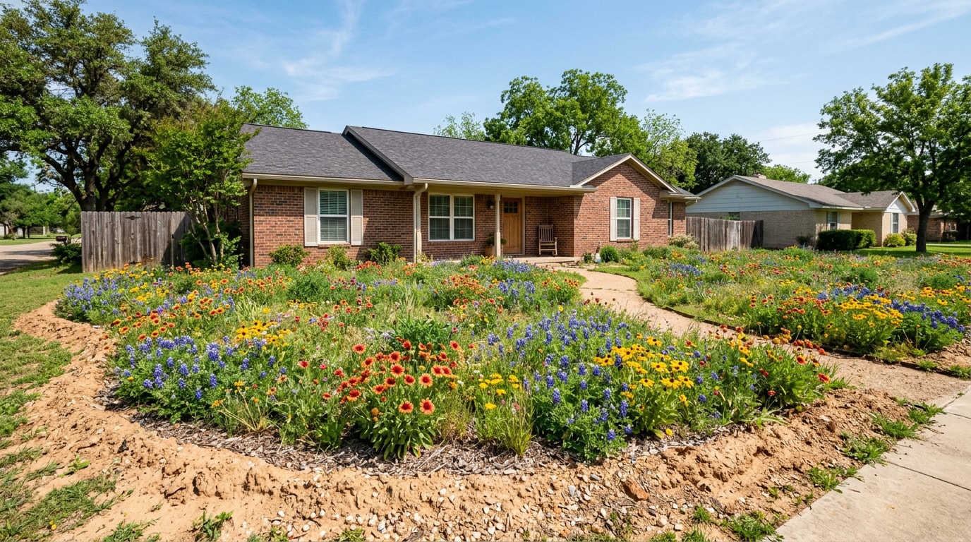 Native wildflower bed with Bluebonnets and Black-Eyed Susans in a Wixon Valley, TX front yard