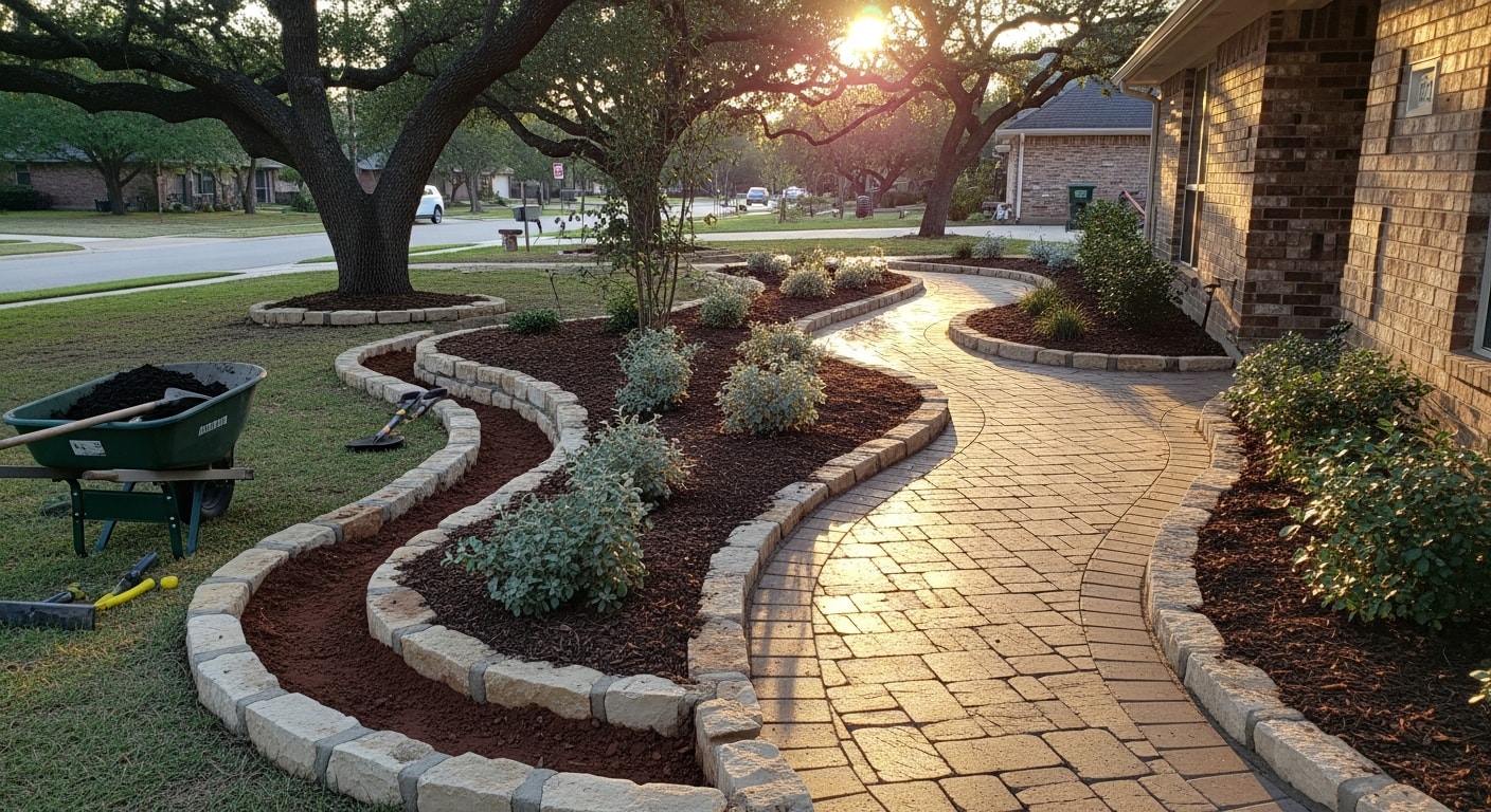 Professional landscape installation with hardscape features in Bryan, Texas