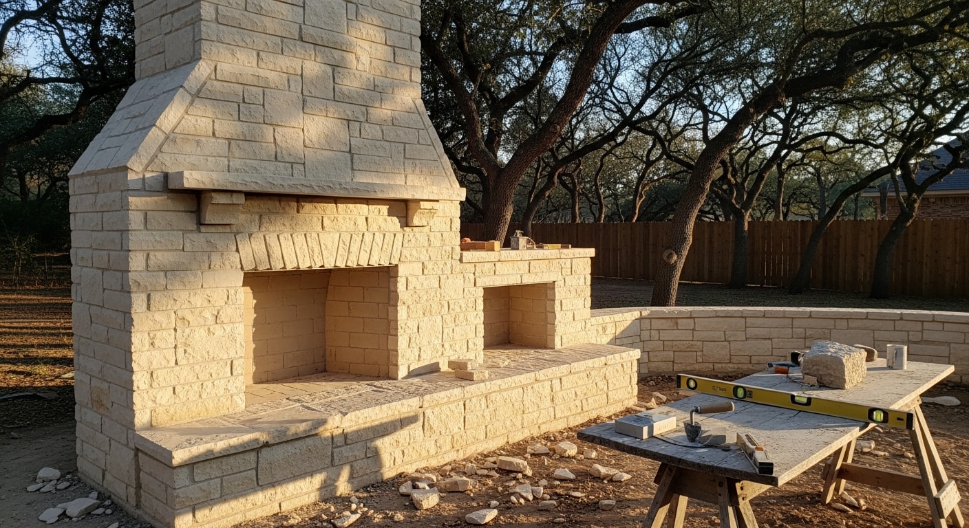 Custom masonry fire pit and fireplace installation