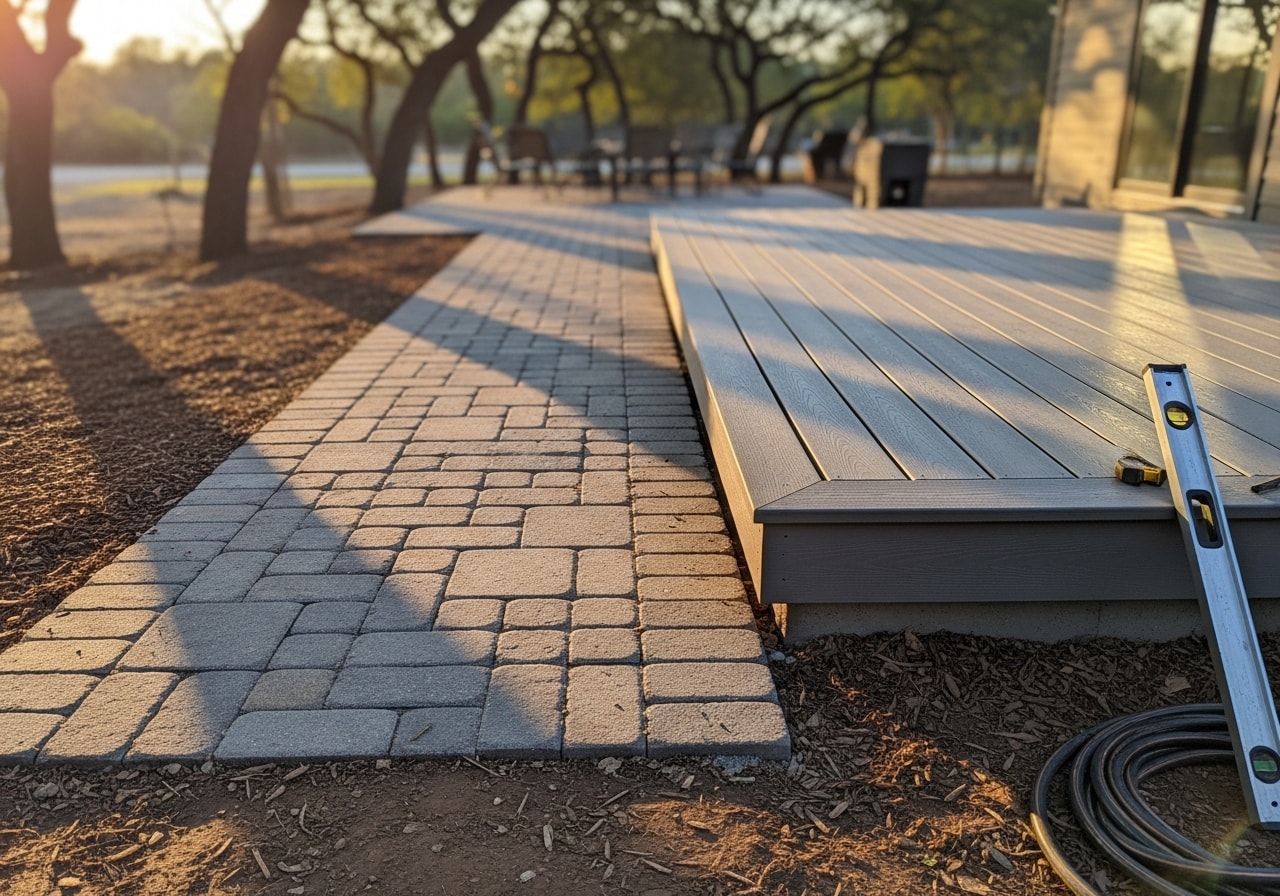 Composite deck with stone walkway and proper drainage in Wixon Valley backyard