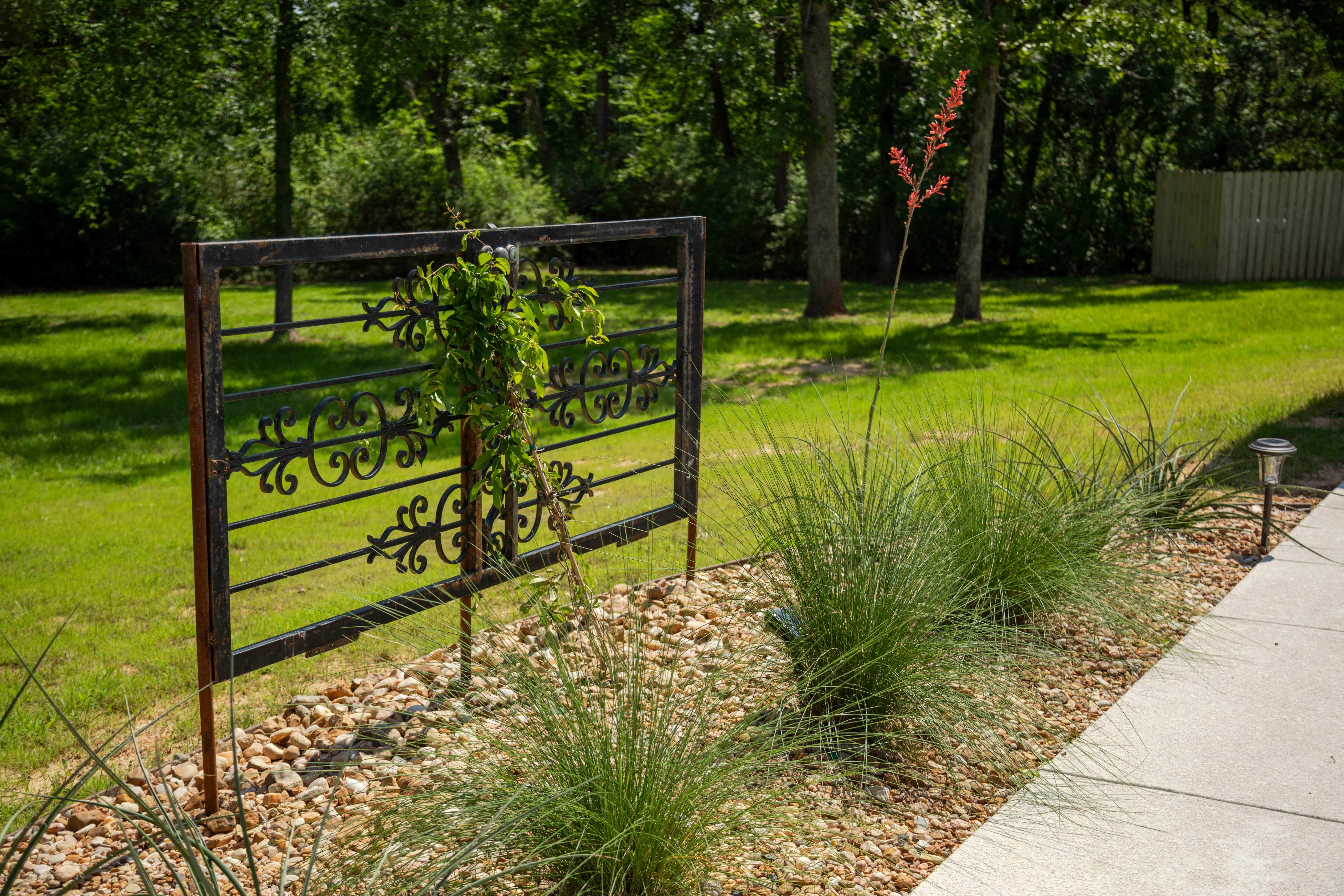 Ornamental wrought iron gate with decorative scrollwork flanked by ornamental grasses and stone landscape bed