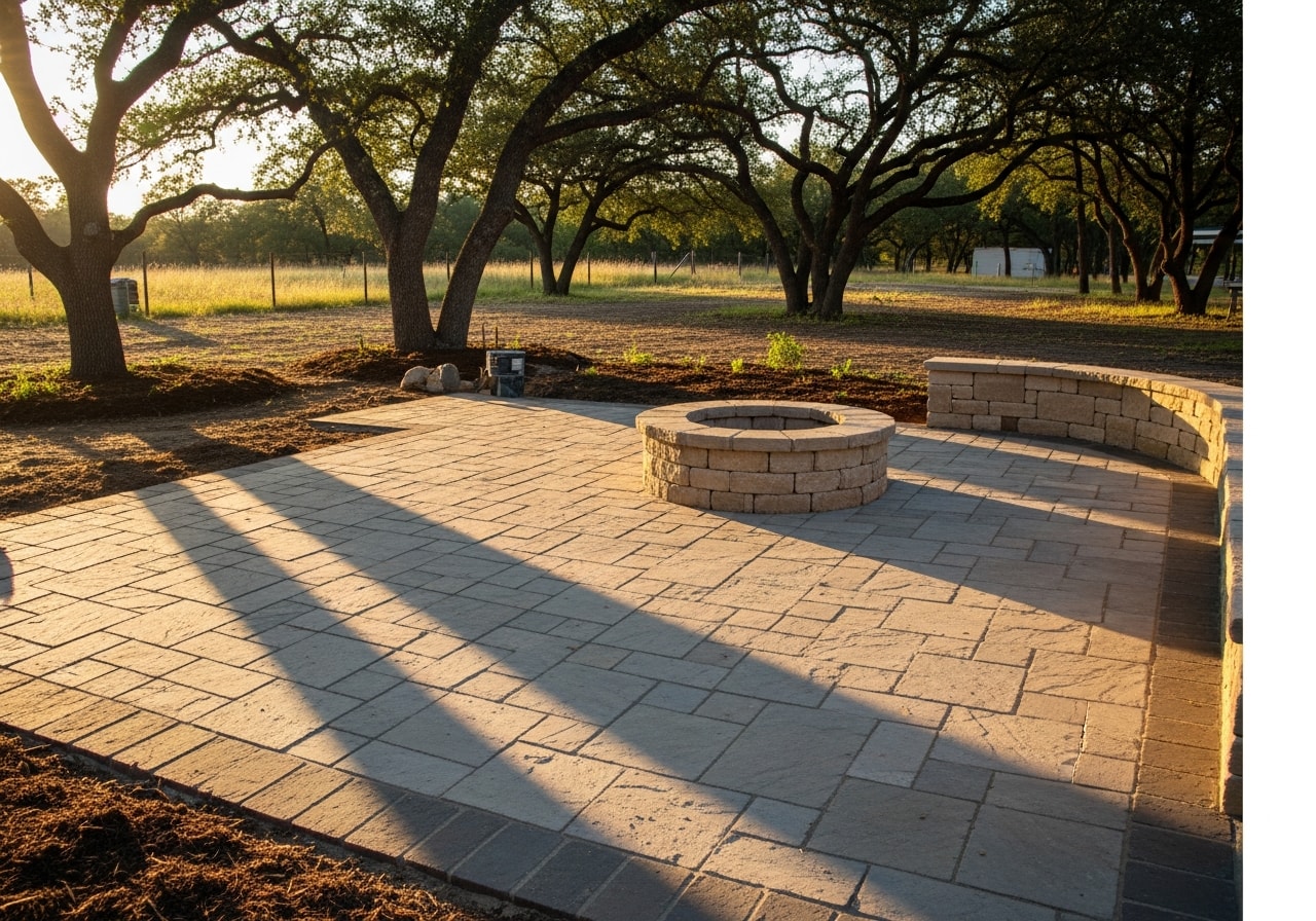 Flagstone patio with integrated fire pit and stone seating wall in College Station backyard