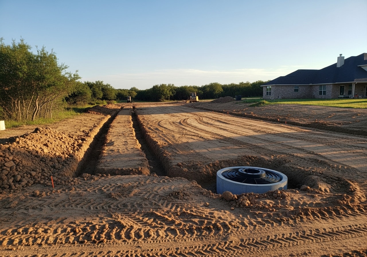 Regraded residential lot with drainage system in Kurten showing improved water flow