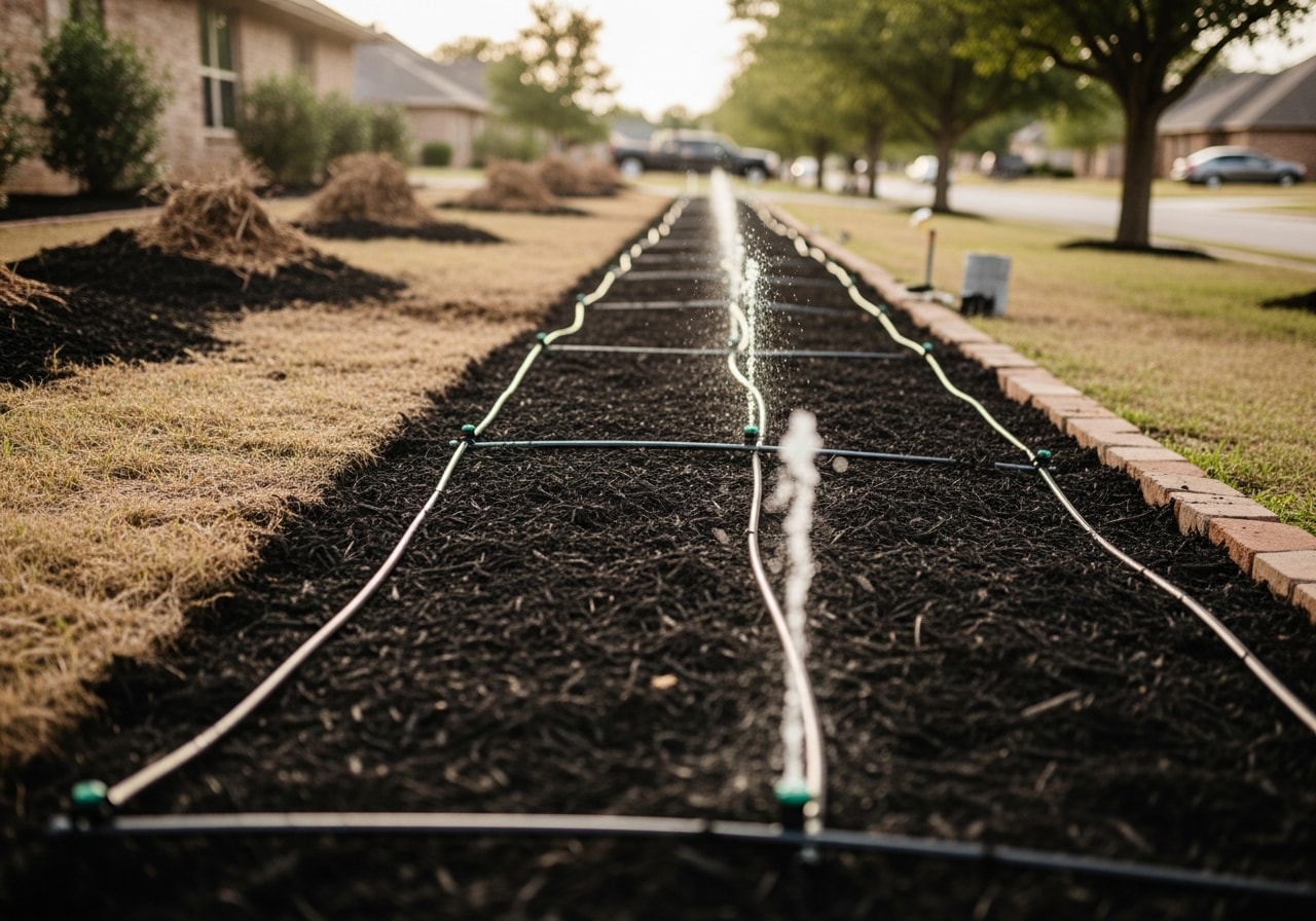 Cleaned landscape with new drip irrigation system and fresh mulch in Bryan