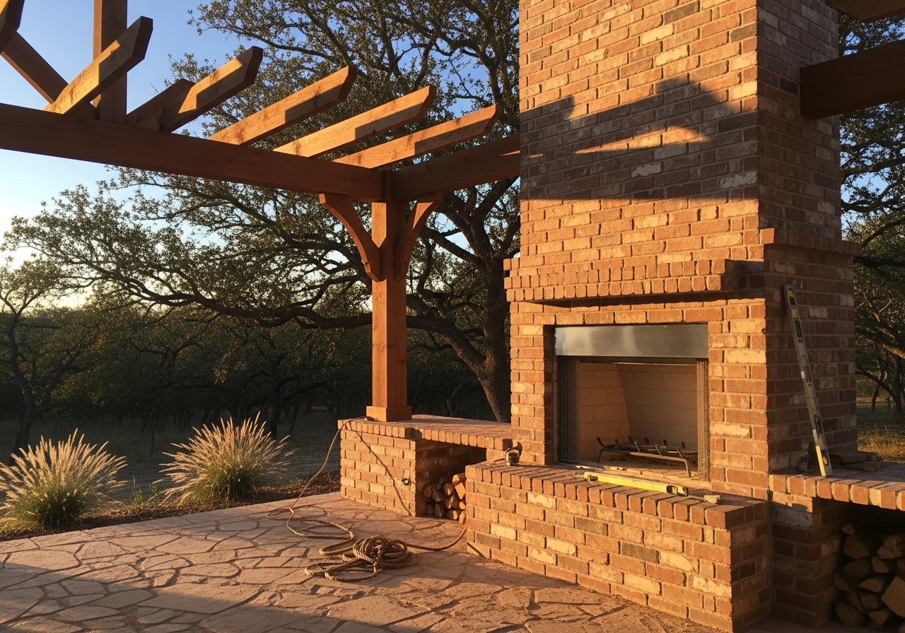 Custom brick fireplace and wooden pergola structure in Navasota backyard
