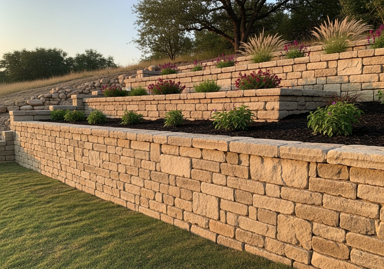 Stacked stone retaining wall with terraced planting beds on sloped Bryan property