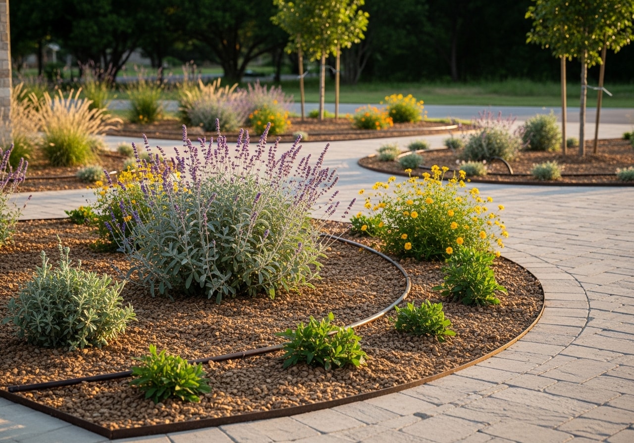 Xeriscape landscape with native plants and decomposed granite in College Station
