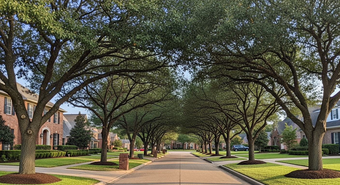 Residential street in College Station with tree-lined homes and well-maintained yards near campus.