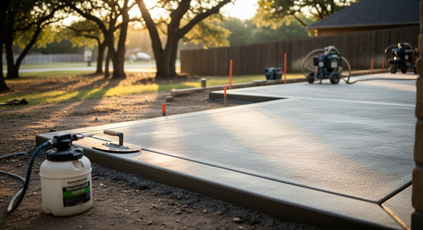 A freshly finished stamped concrete patio with a textured stone pattern in a College Station backyard, surrounded by green landscaping. Close-up view shows clean edges, consistent color, and a sealed surface ready for outdoor use.