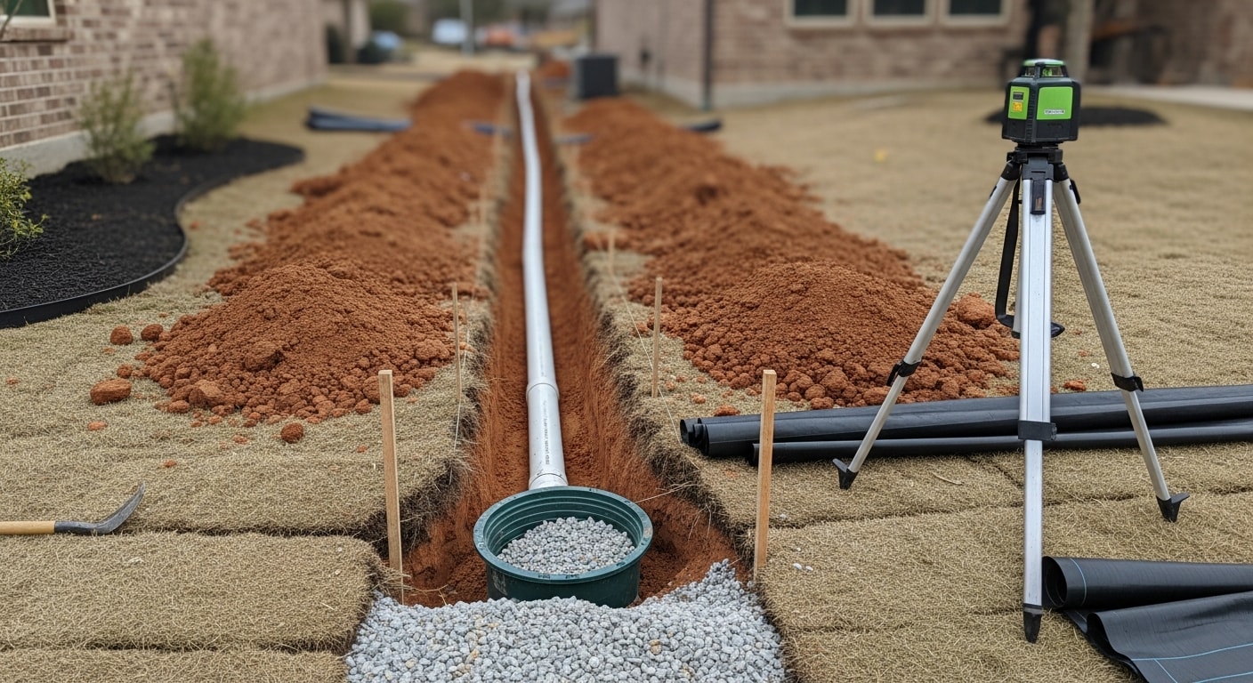 A freshly installed French drain trench with gravel and perforated pipe running along the side yard of a College Station residential property. The surrounding lawn shows recently restored turf after drainage installation work by Landscaping BCS.