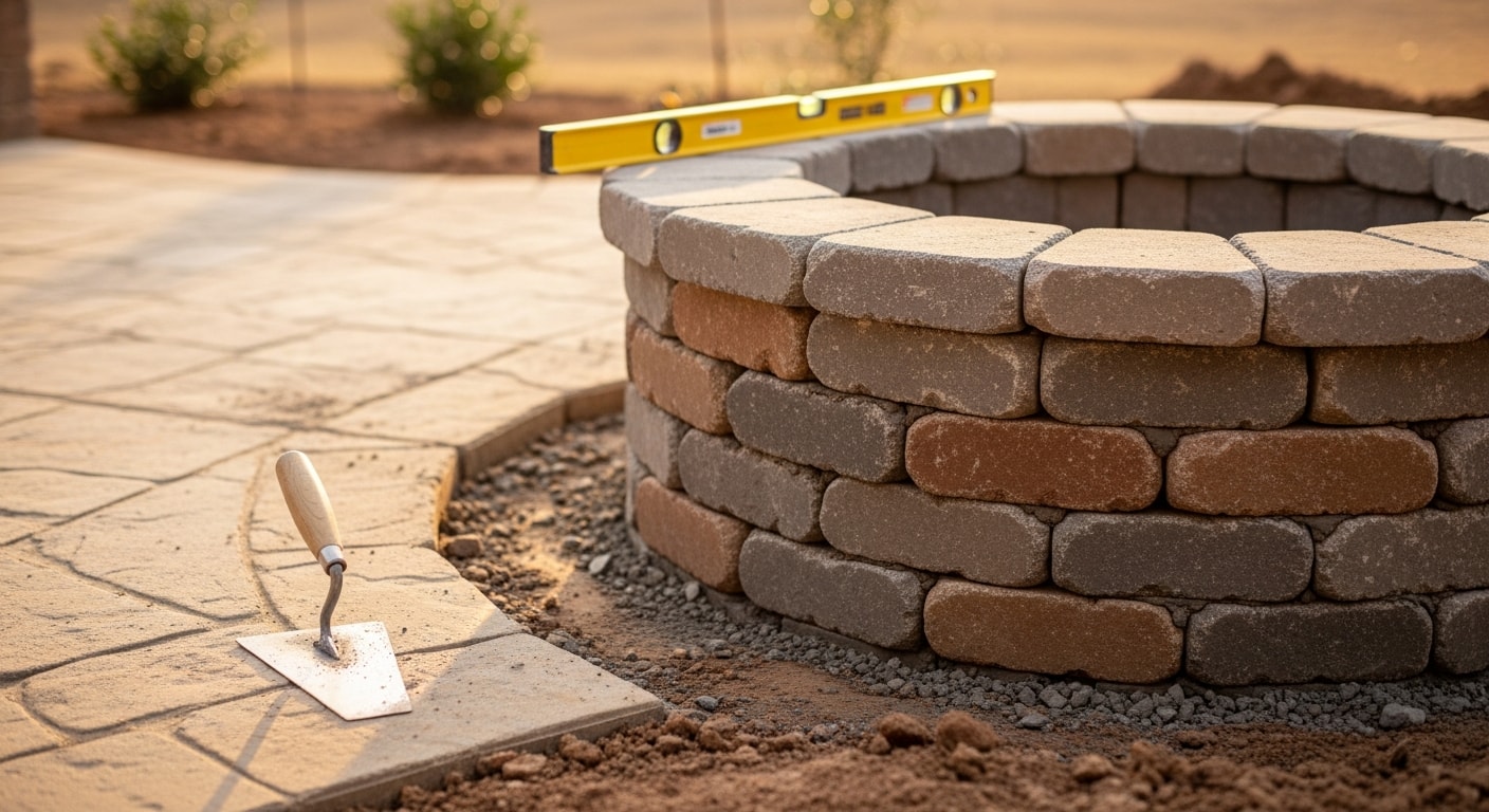 A custom masonry fire pit built into a College Station backyard patio, surrounded by a low stone seating wall and set against a Texas evening sky. The fire pit features clean stonework that matches the adjacent hardscape, with open seating space around the perimeter.
