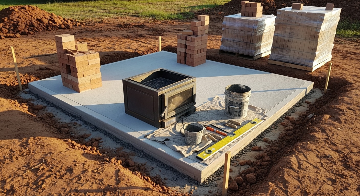 A completed custom masonry outdoor fireplace installed on a residential backyard patio in College Station, Texas. The structure features a brick surround and chimney with a finished hearth area ready for use.