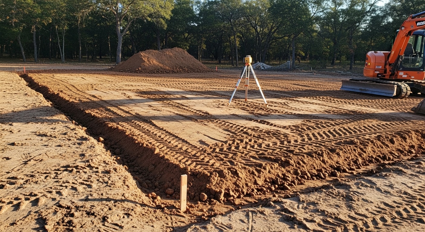 A freshly graded residential yard in College Station, Texas, showing smooth, evenly sloped soil cleared of low spots and ready for sod installation. A grading contractor's equipment sits in the background near a single-family home.
