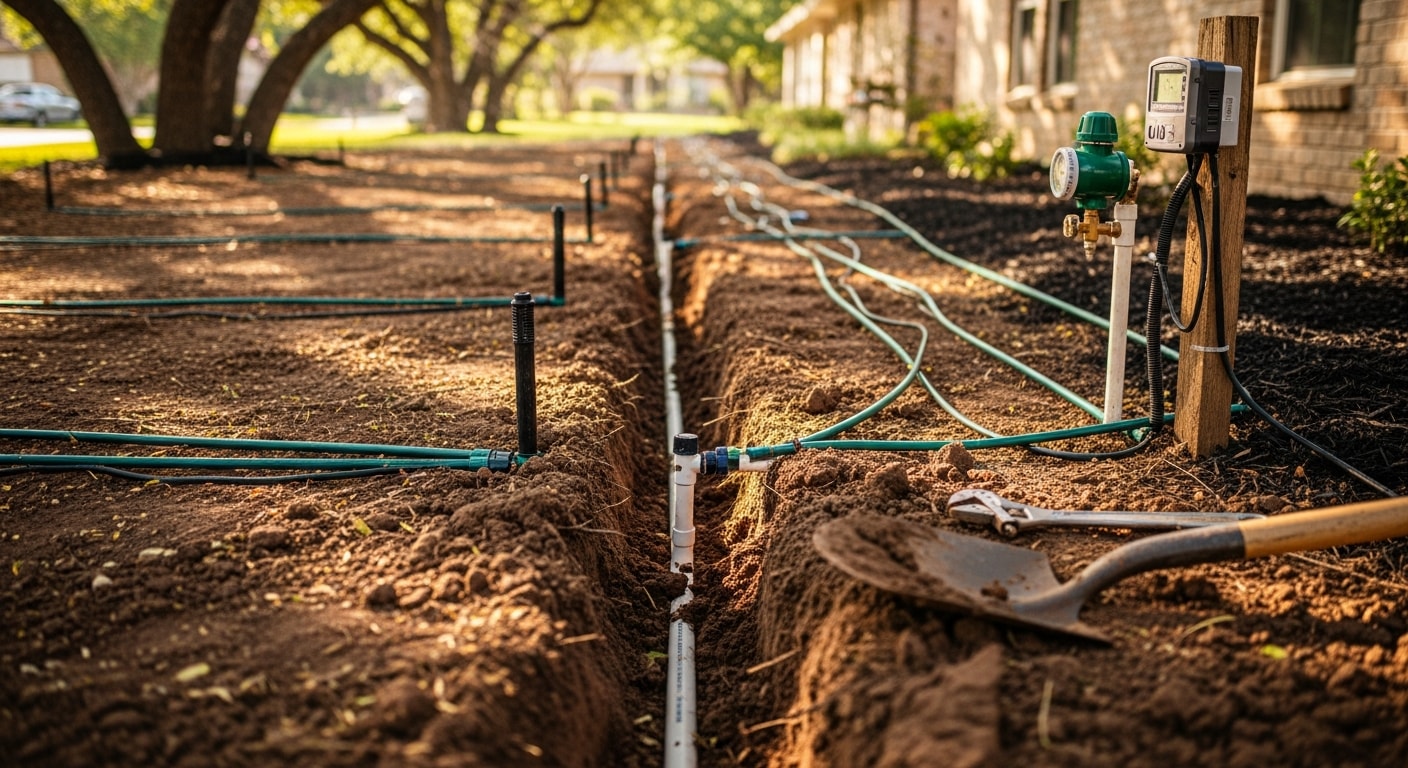 A freshly installed in-ground irrigation system with sprinkler heads running across a green residential lawn in College Station, Texas. Multiple spray zones cover turf and garden bed areas on a sunny summer day.