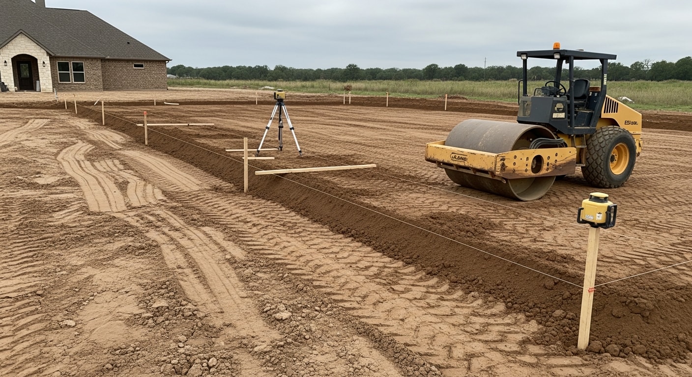A grading contractor using a skid steer to level uneven ground in a residential backyard in College Station, Texas. The finished area shows smooth, compacted soil graded away from the home's foundation.