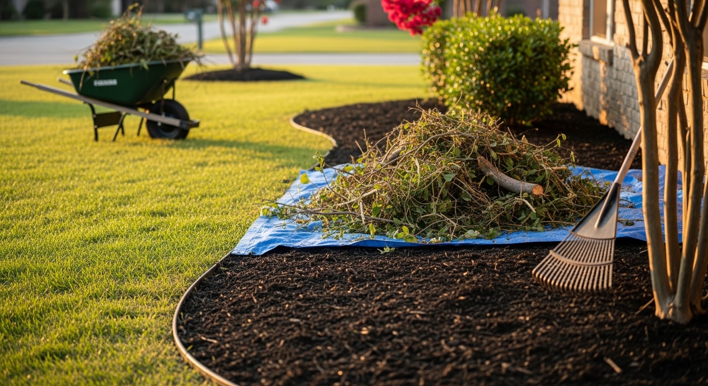 A College Station residential backyard after a professional landscape cleanup, showing cleared flower beds, trimmed shrubs, and a debris-free lawn. Bags of removed yard waste are staged near the curb for haul-away by the Landscaping BCS crew.