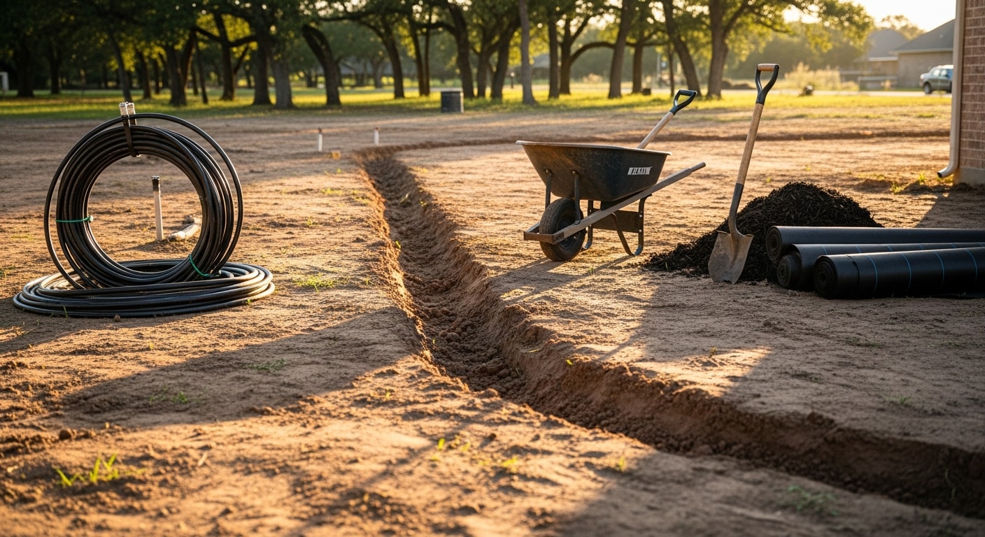 A finished residential backyard in College Station, Texas showing installed planting beds, graded lawn, and a paved patio area. The landscape reflects a design built around local clay soil conditions and summer heat exposure.