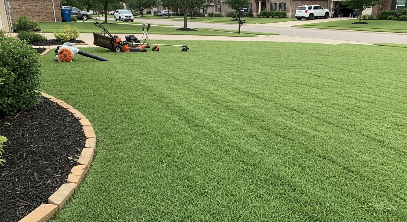 A well-maintained residential lawn in College Station, Texas, showing freshly mowed Bermuda grass with clean edging along a concrete driveway and trimmed shrubs bordering the front beds. A Landscaping BCS crew member operates a mower in the background on a sunny Texas afternoon.