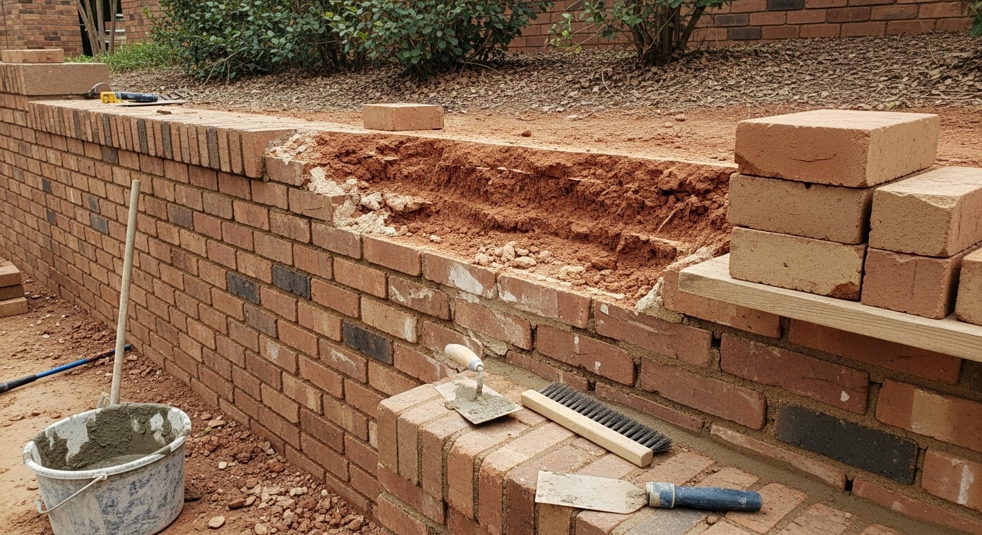 A repaired brick retaining wall in a College Station residential yard showing clean, freshly pointed mortar joints and uniform brick color. Close-up view highlights the transition between restored and original masonry on a residential property exterior.