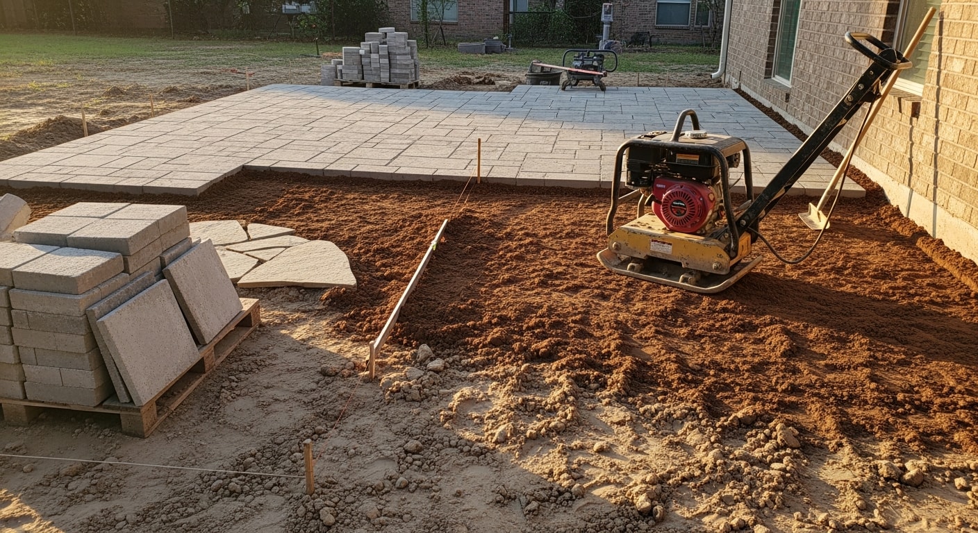 A finished paver patio installed by Landscaping BCS in a College Station backyard, with a clean edge border and graded surface sloping away from the home. The patio surface uses light-toned pavers suited for the Texas heat, set flush and level on a compacted base.