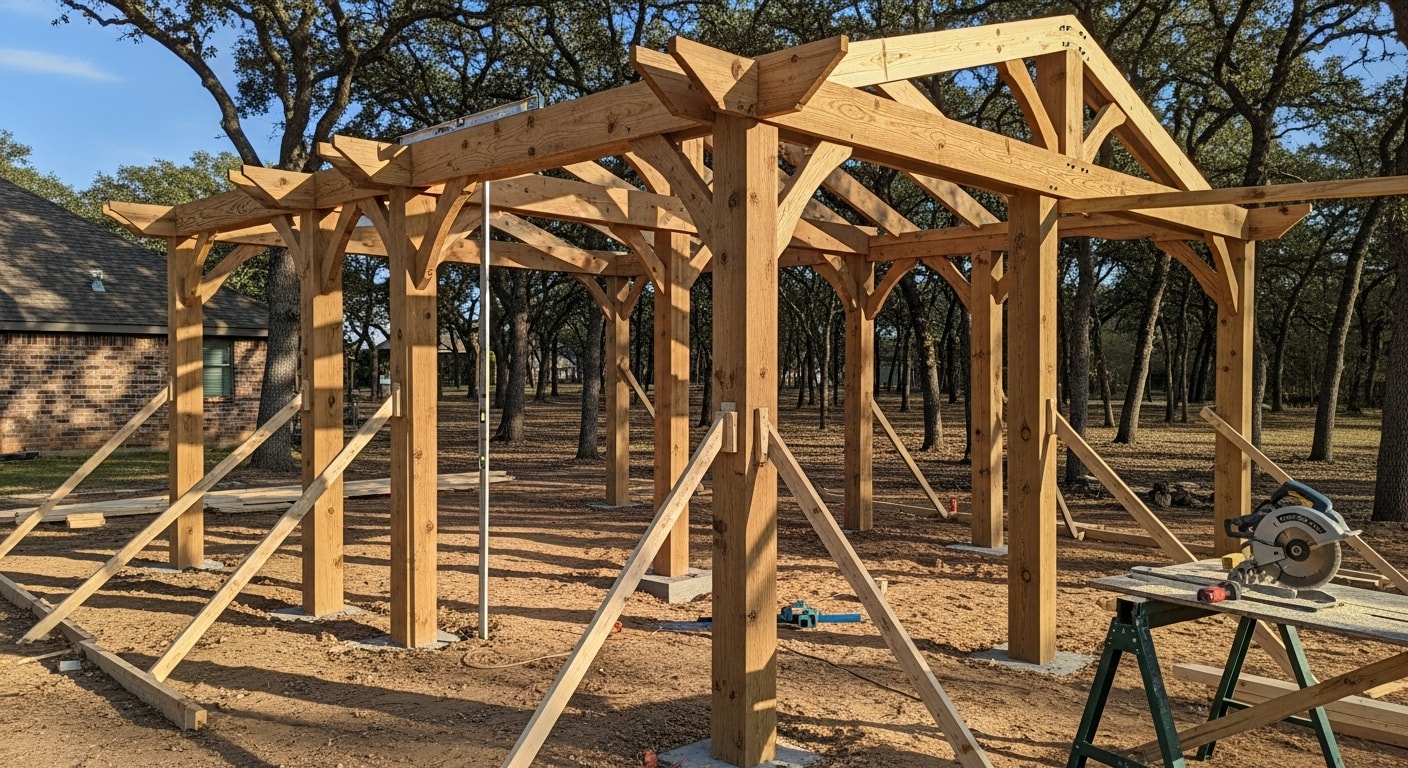 A newly installed wood pergola in a College Station backyard, positioned over a paver patio with open beam rafters casting filtered shade on outdoor seating below. The structure sits on concrete footings with a residential fence line and established landscaping visible in the background.