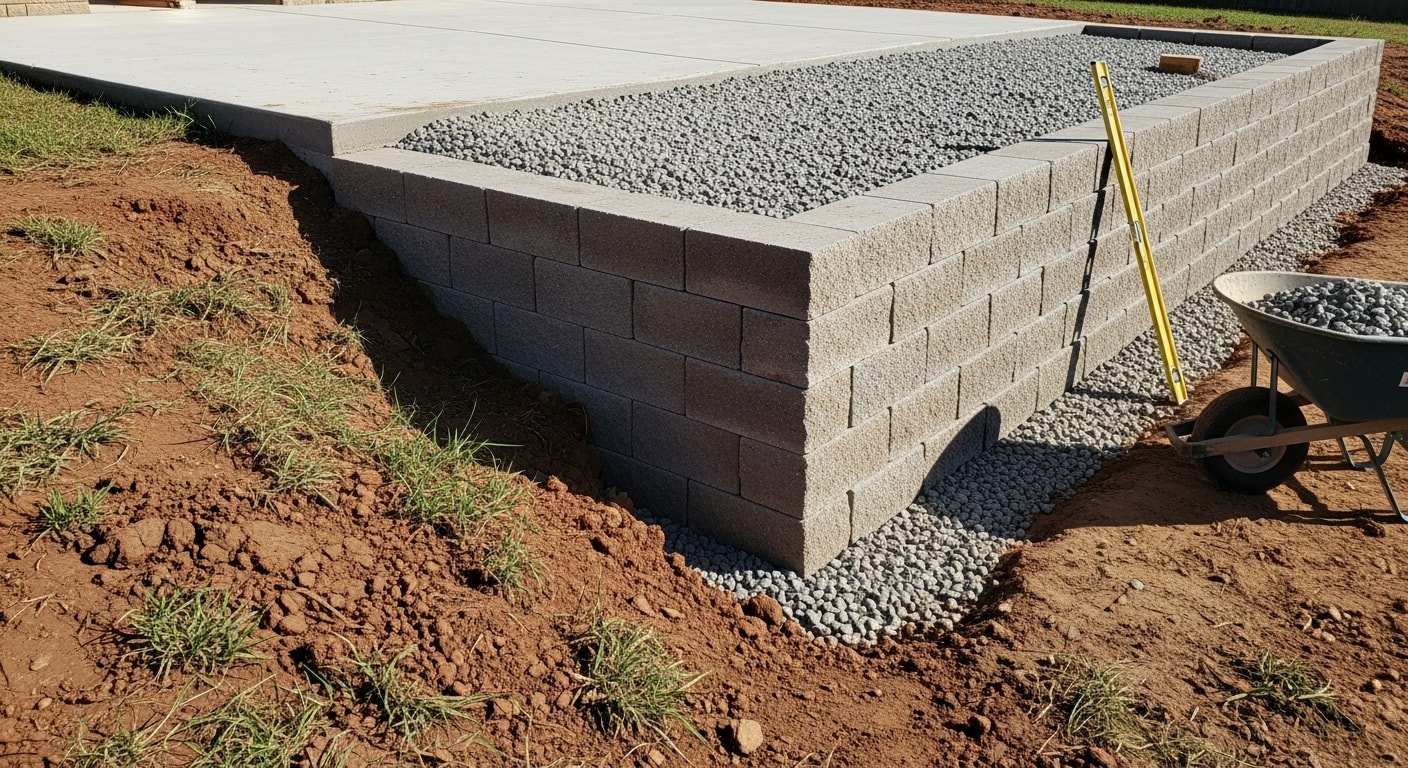 A newly installed retaining wall in a College Station backyard, showing stacked masonry blocks holding back a graded slope with a level lawn area in the foreground. The wall includes visible gravel drainage material along the base, with a residential home and Texas sky in the background.
