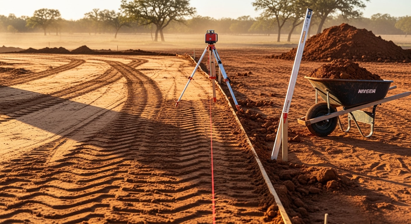 A grading contractor operating a dozer to level and slope a residential lot in College Station, Texas, with freshly compacted soil and cleared land ready for construction. The surrounding Brazos Valley landscape is visible in the background.
