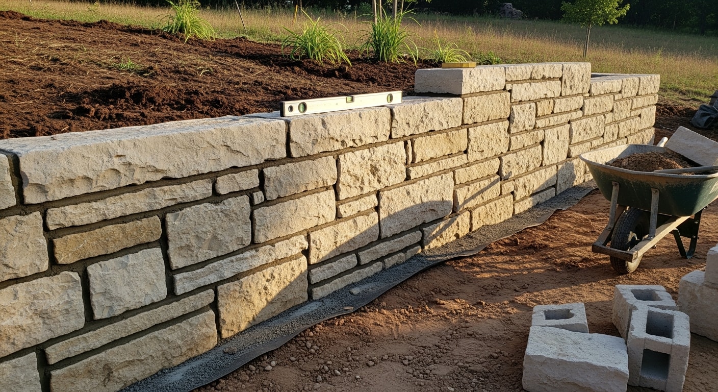 A natural stone retaining wall built by Landscaping BCS along a sloped backyard in College Station, Texas, with compacted base layers visible at the footer and a defined garden bed running along the top of the wall.