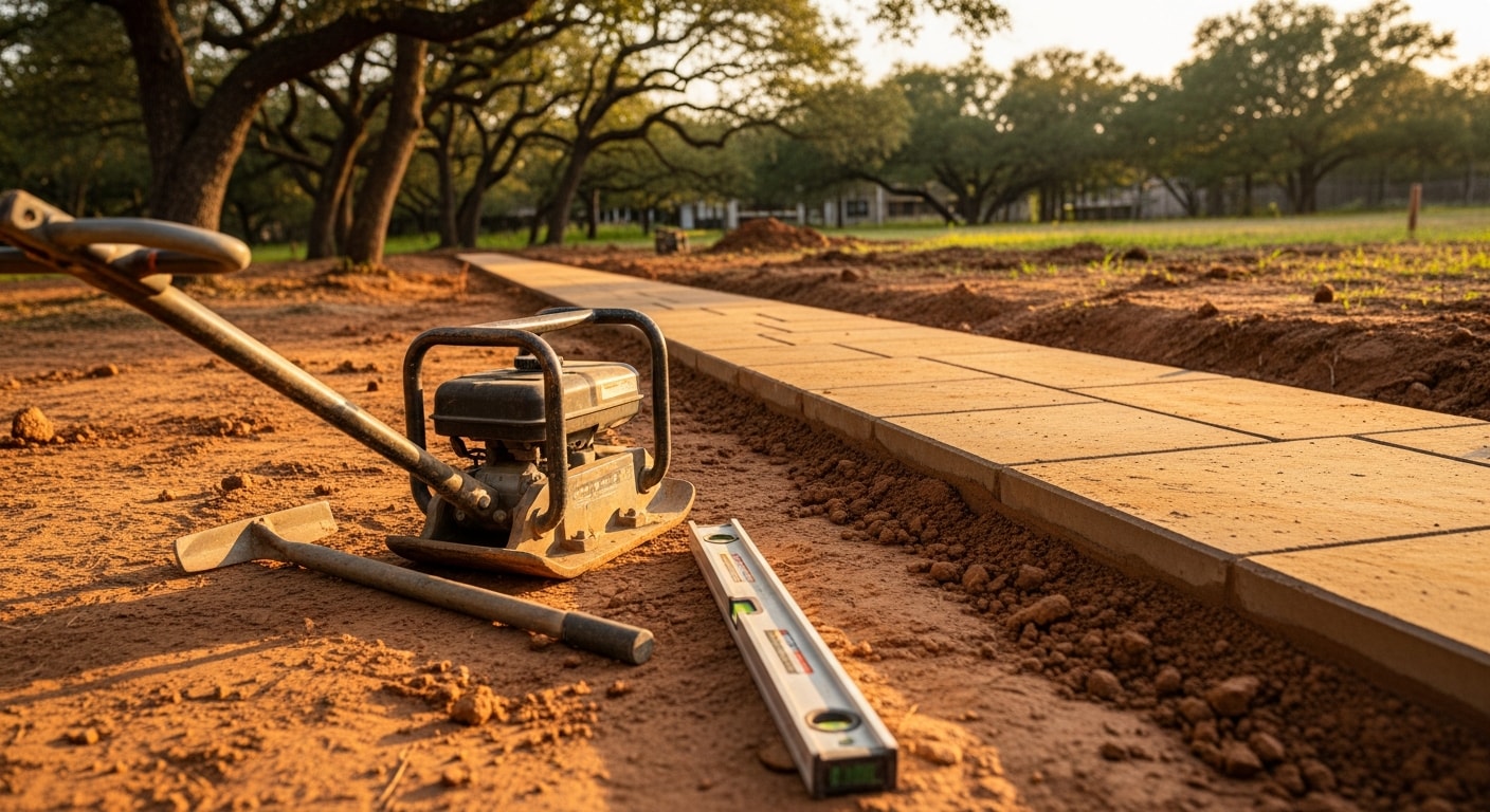 A newly installed stone walkway leading from a residential front entry to a driveway on a College Station, Texas property, with clean edges and a level surface set against a maintained lawn.