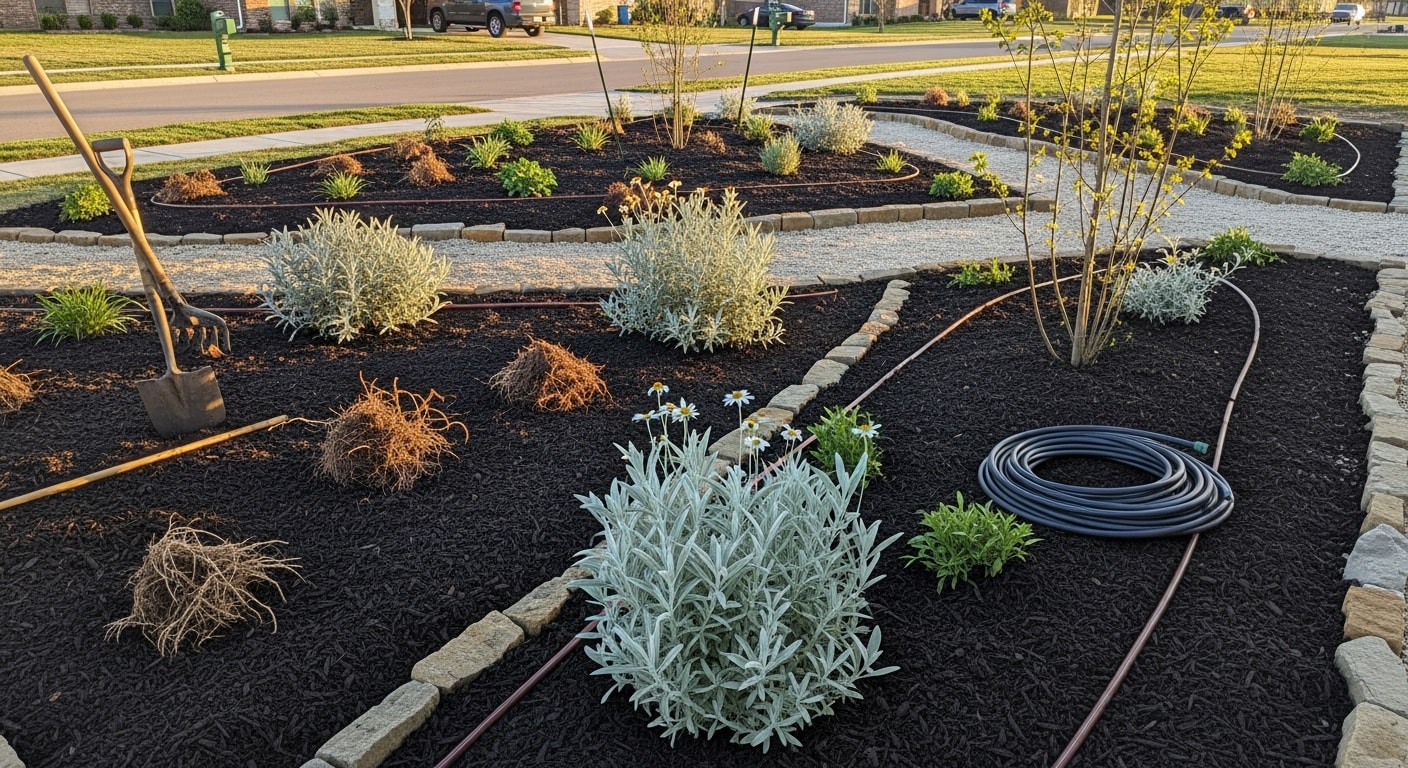A completed xeriscaped front yard in College Station, Texas, featuring native drought-tolerant plants, decomposed granite pathways, and layered mulch beds under a clear summer sky. Stone borders define planting zones filled with Texas Sage and ornamental grasses alongside a residential home.